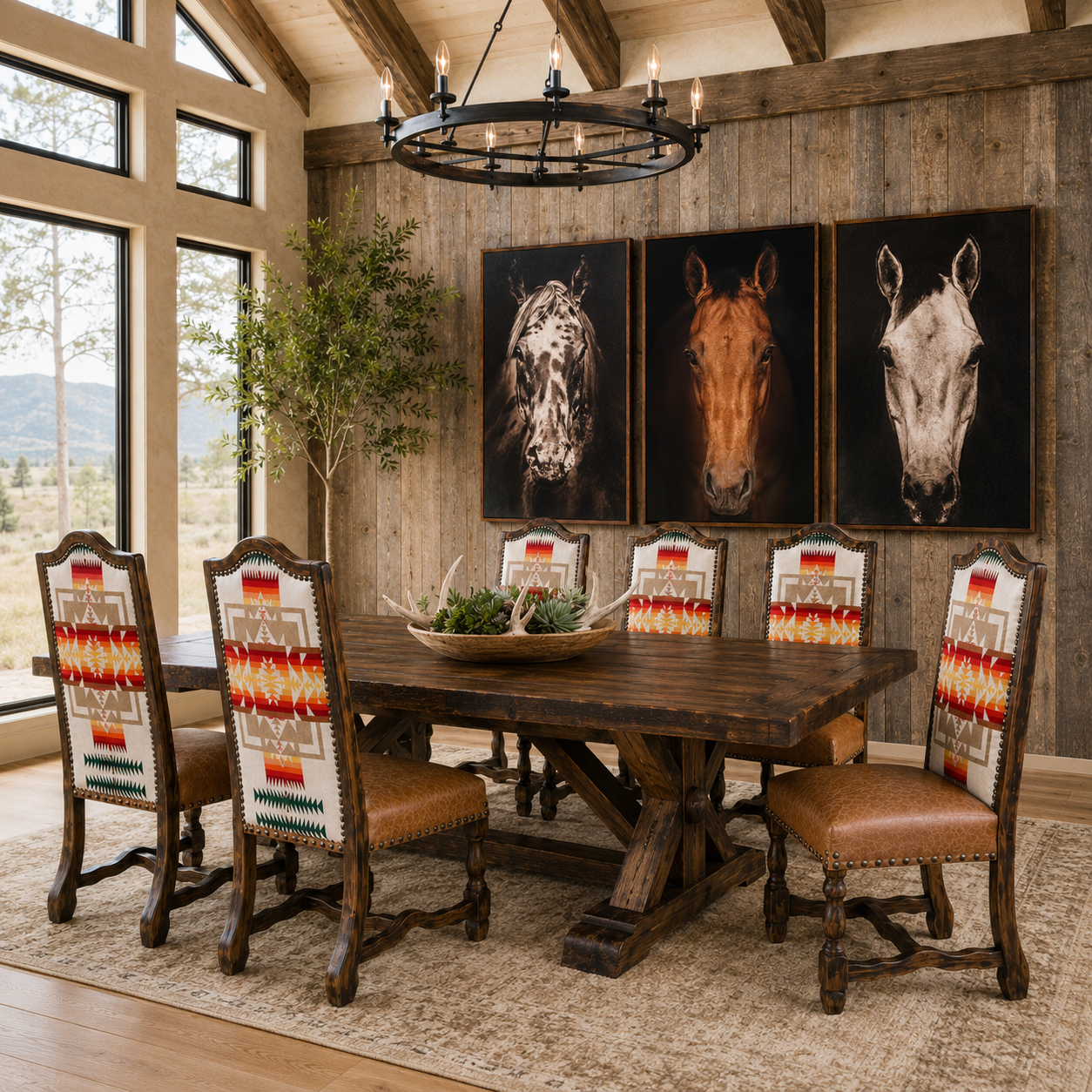 Chief Joseph Sunset Dining Chairs with Telluride Dining Table and horse art, all American made