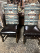Western leather dining chair with Chief Joseph upholstery and nailhead trim, luxury lodge seating