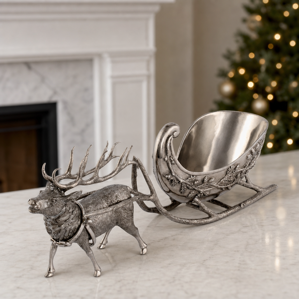 Decorative silver reindeer with sleigh on a marble surface with a Christmas tree in the background.