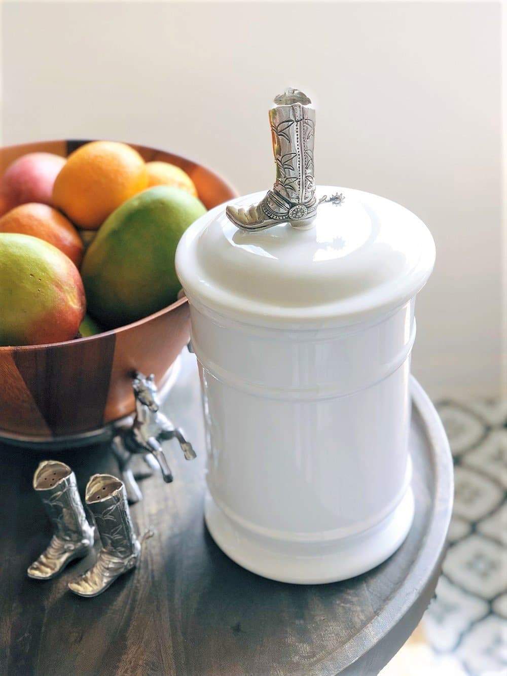 pewter cowboy boot salt and pepper shakers and stoneware canister with boot lid