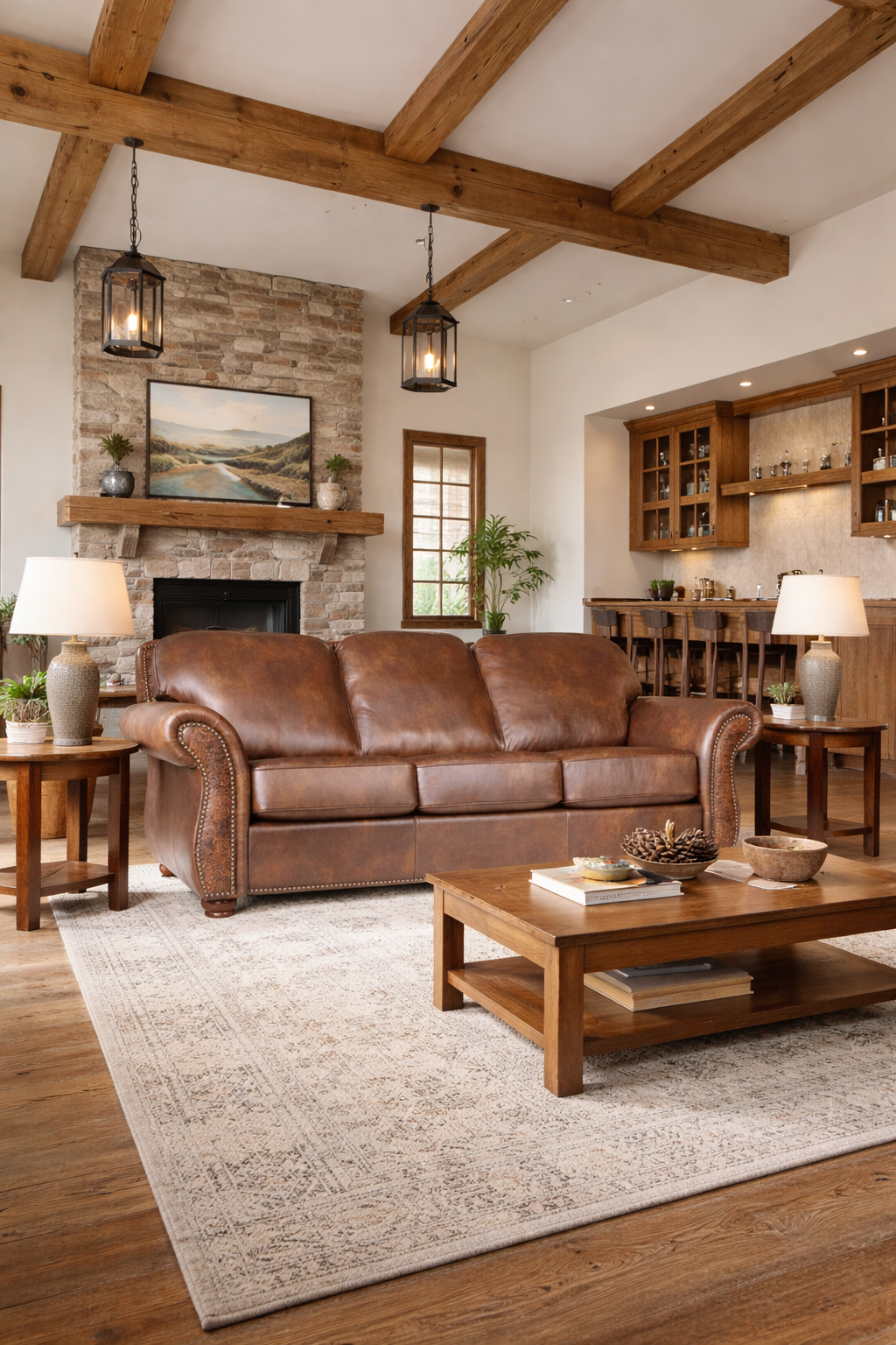 Minimalist ranch-style clubhouse featuring a brown leather sofa with nailhead trim, warm wood beams, stone fireplace, and a rustic bar in the background - Your Western Decor