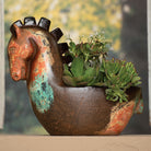 Decorative horse-shaped clay planter with succulents against a blurred natural background - Your Western Decor