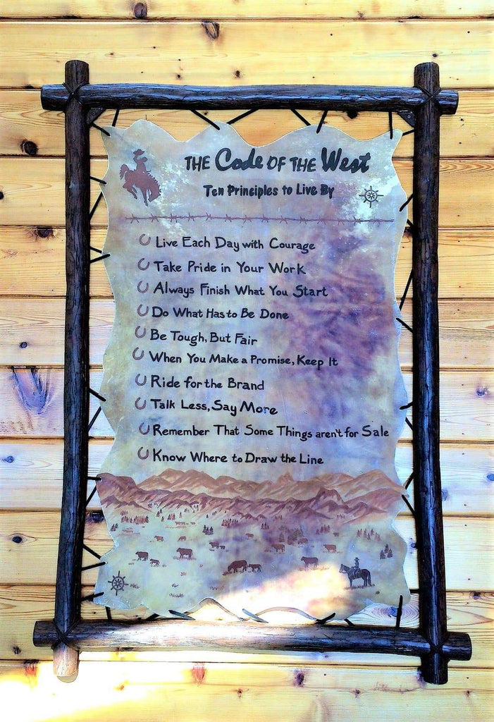 Custom made iron and rawhide "code of the west" rustic handmade wall sign Made in the USA - Your Western Decor