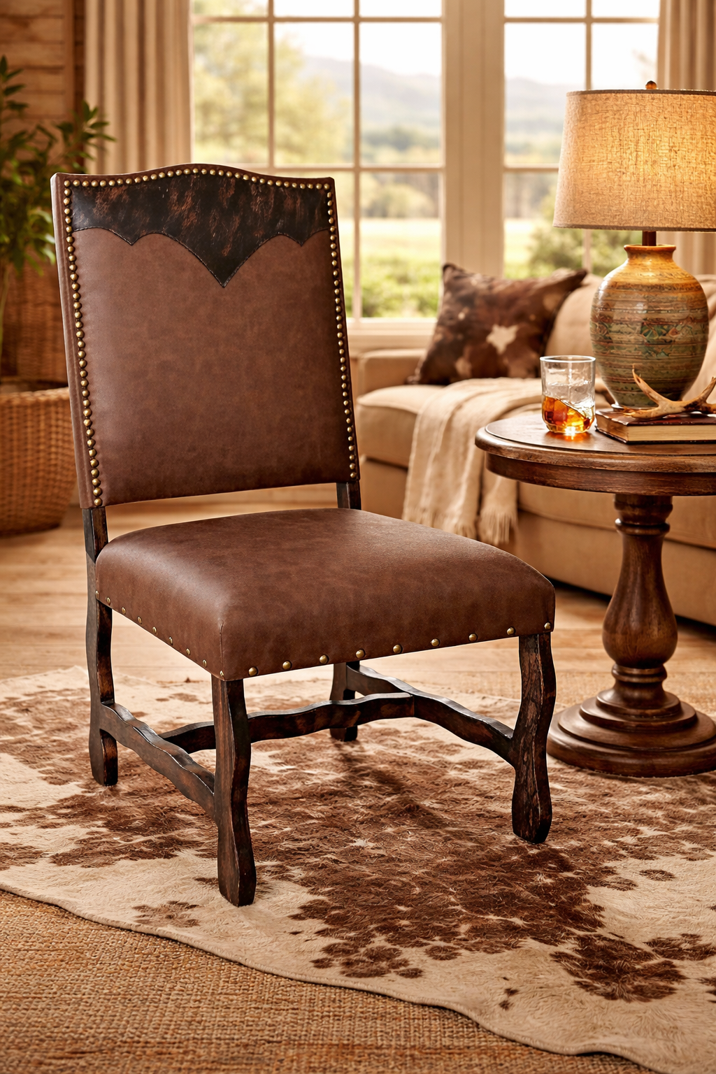 Brown leather chair in a cozy living room setting with a lamp and table - Your Western Decor