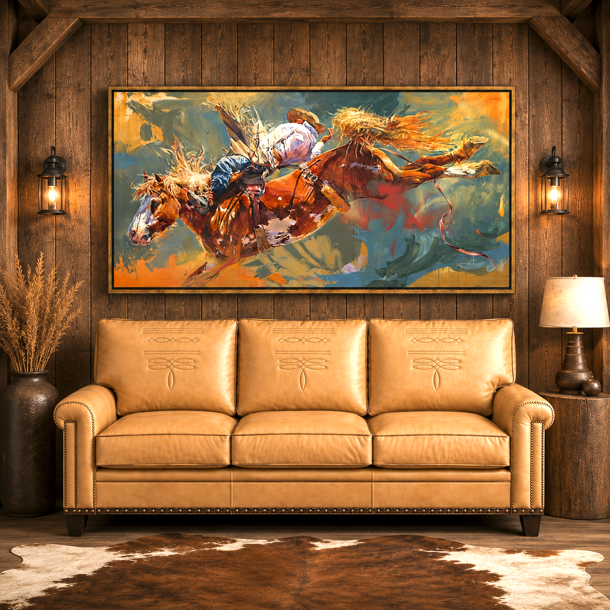 Colorado Heat framed canvas rodeo art and boot stitch leather sofa made in the USA