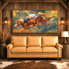 Colorado Heat framed canvas rodeo art and boot stitch leather sofa made in the USA