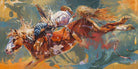 Painting of a cowboy riding a bucking bronco with dynamic colors - Your Western Decor