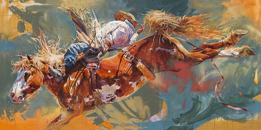 Painting of a cowboy riding a bucking bronco with dynamic colors - Your Western Decor