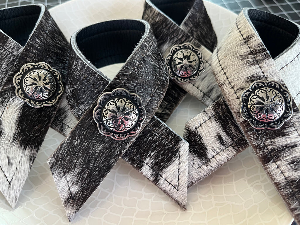 Western Black White Cowhide & Concho Napkin Rings handmade at Your Western Decor