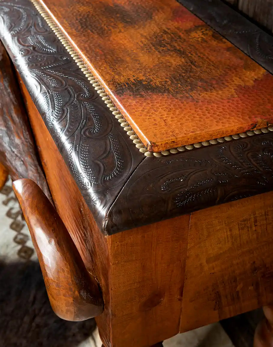 Hand carved Safari Buffalo Carved Console Table detailed top - Your Western Decor