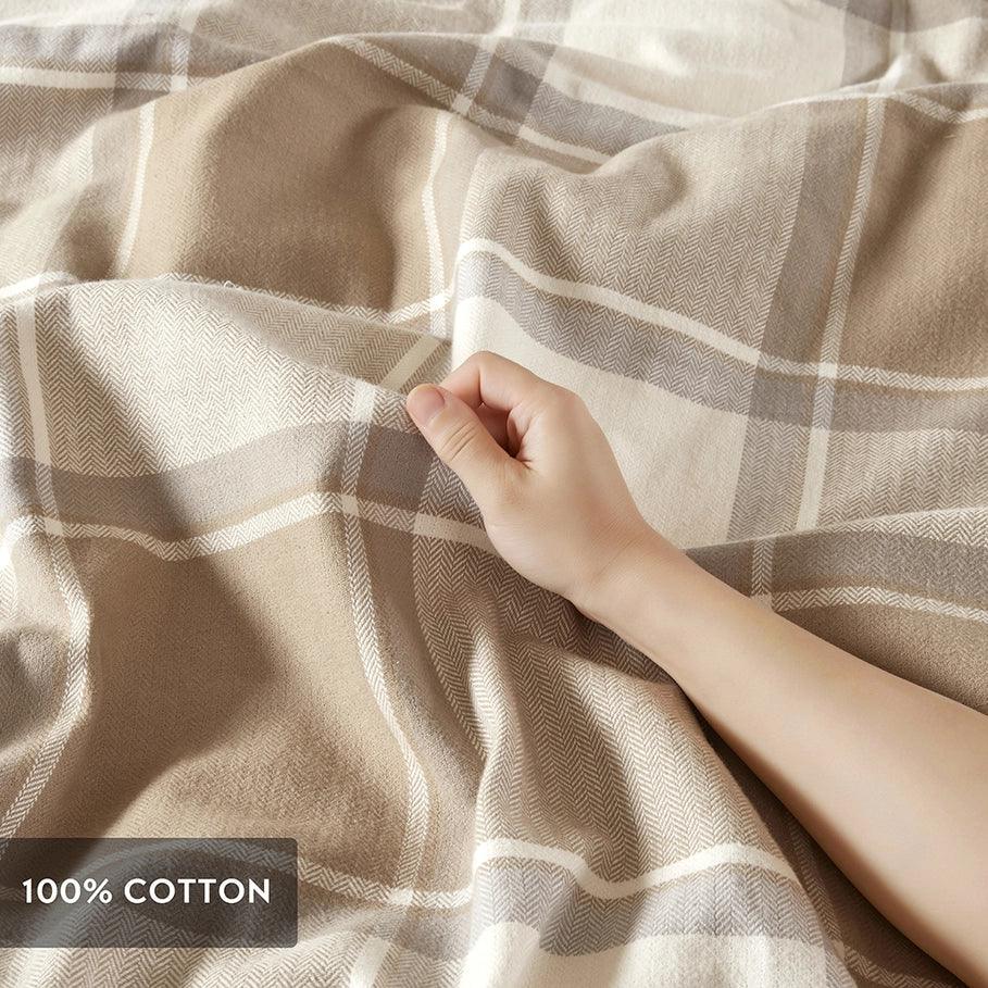 Hand touching a plaid fabric with '100% Cotton' label - Your Western Decor