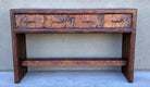 western console table for entryway with wood and copper