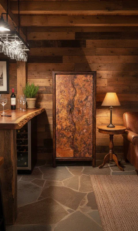 Copper wine cabinet in rustic bar setting - Your Western Decor