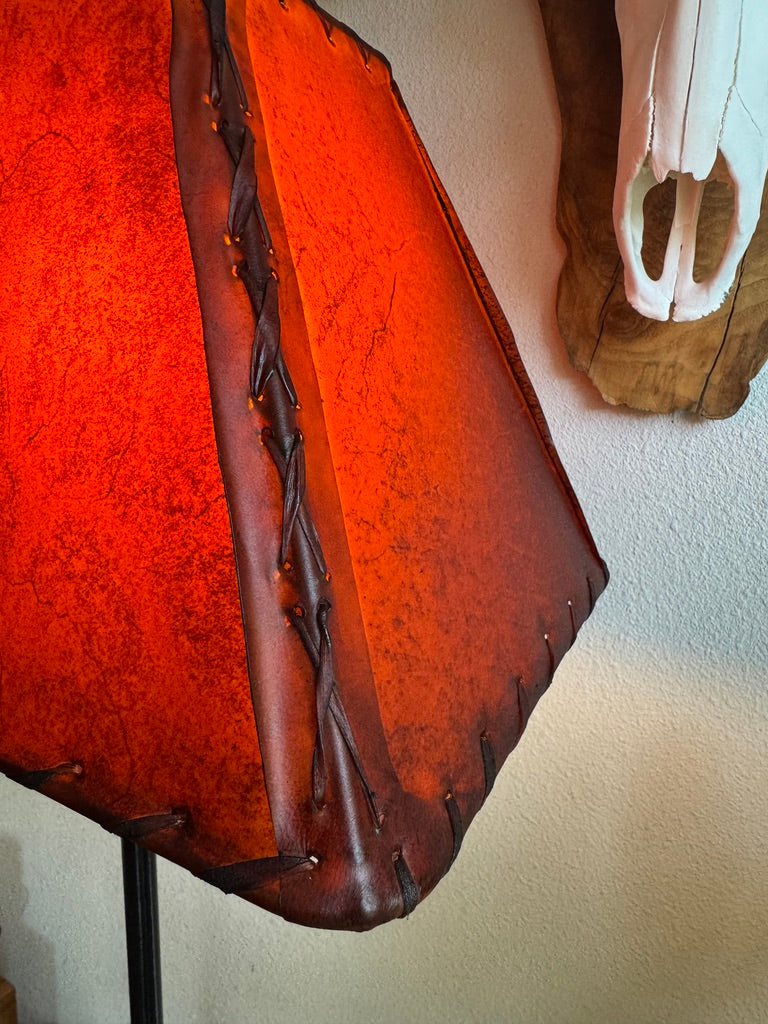 whip stitch corner detail of amber rawhide rectangle lamp shade