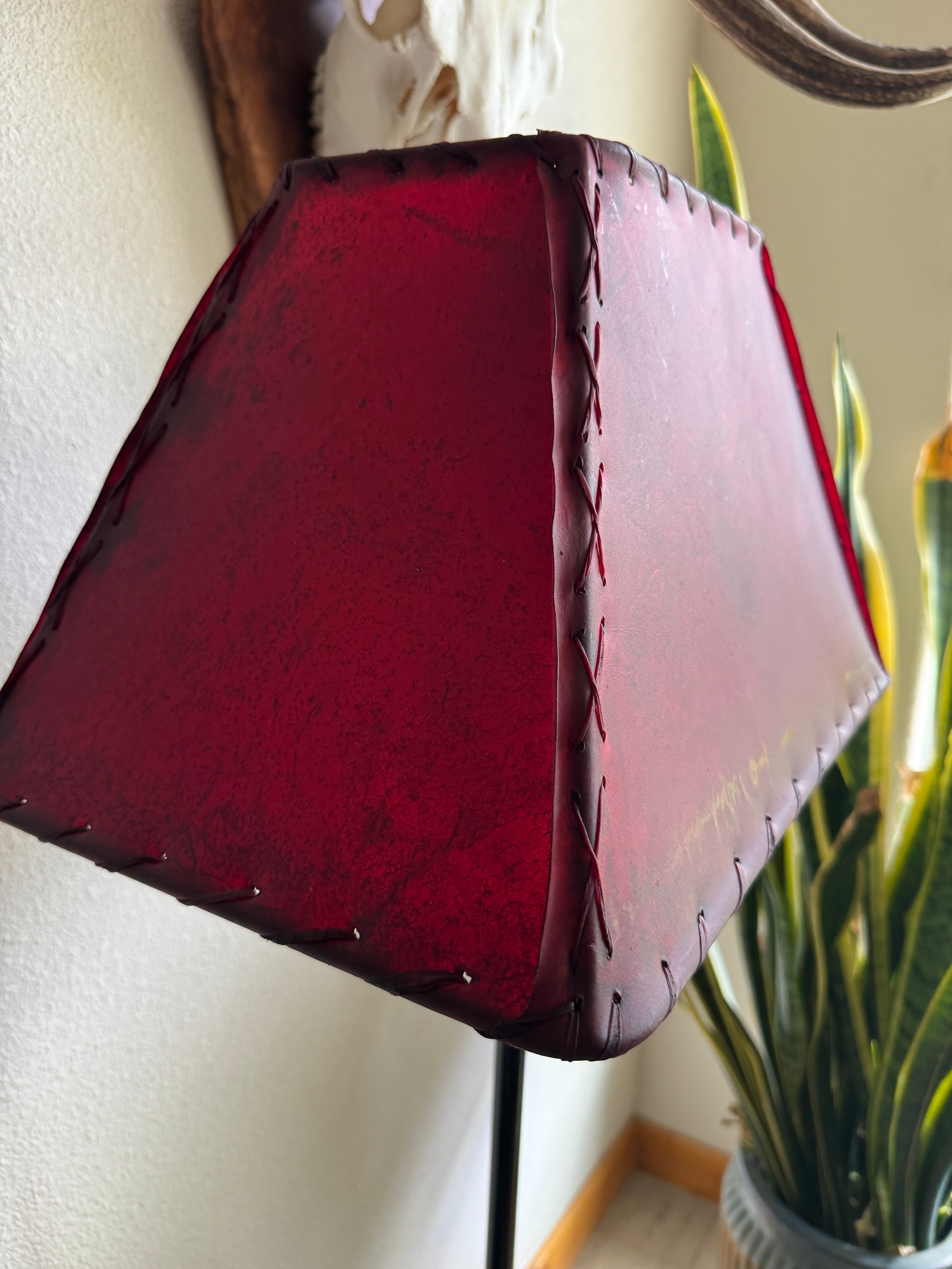 Red lampshade with a plant in the background