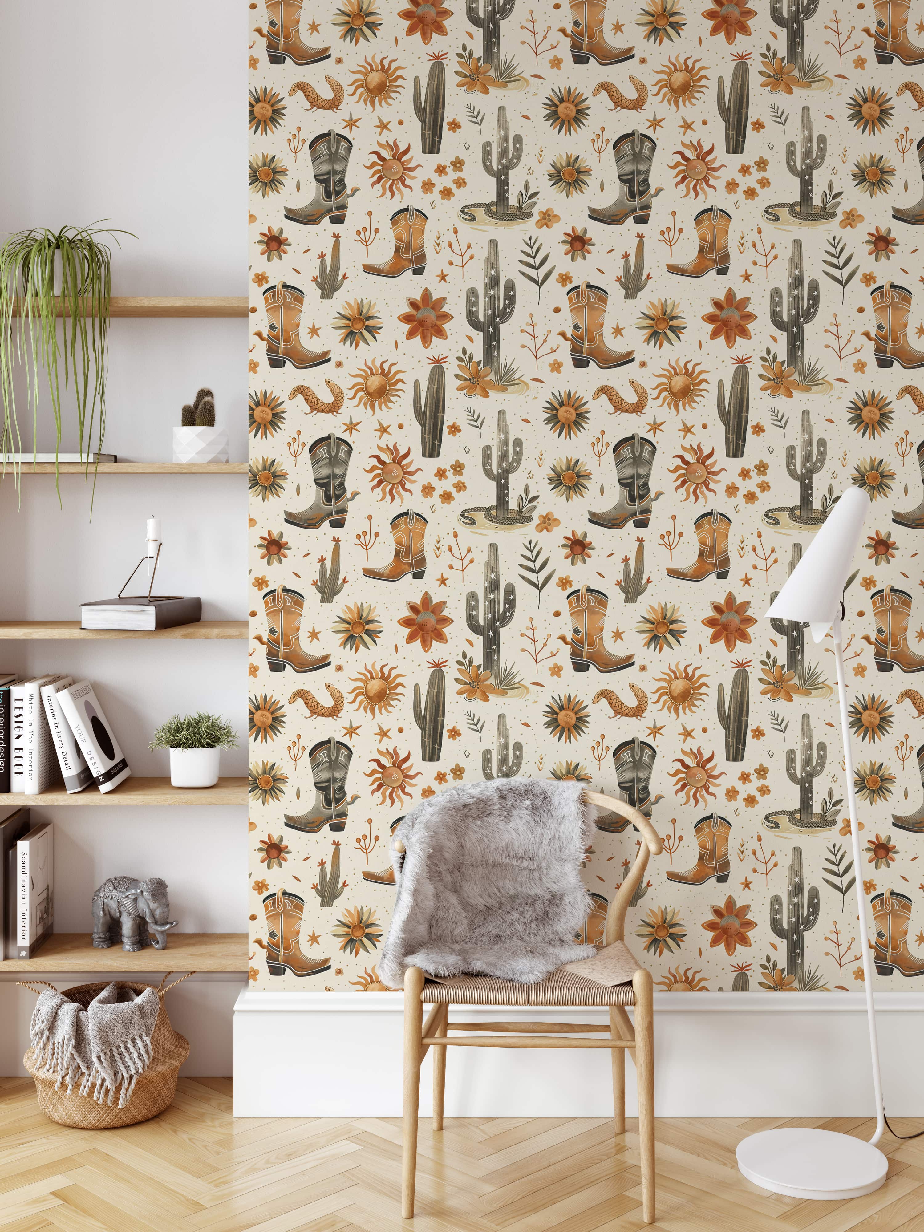 Cowboy boots and cactus western wallpaper made in the USA - Your Western Decor