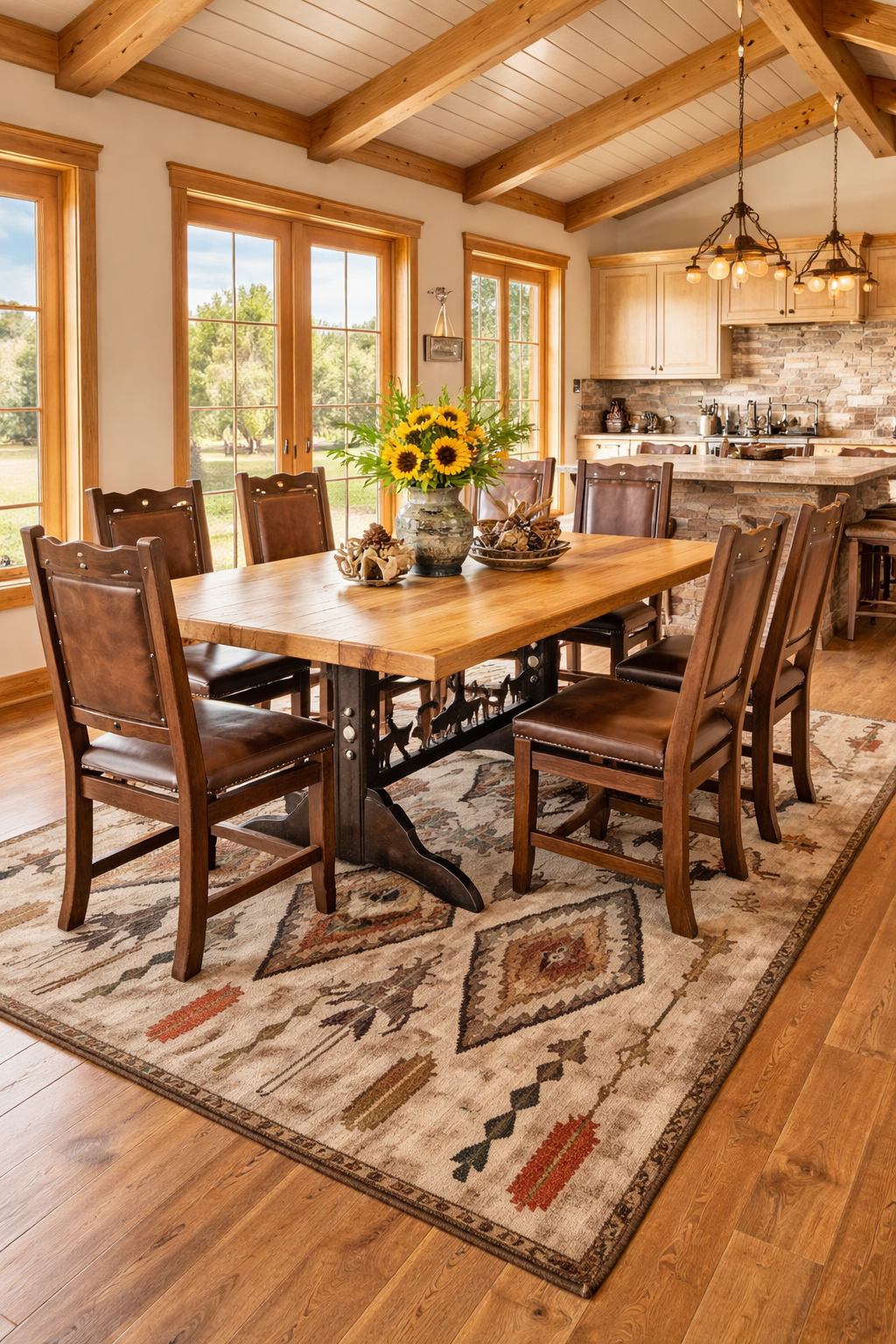 western dining table with cowboy iron base on fathers eye southwestern rug in bright ranch dining room with wood beam ceilings and large windows