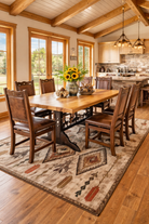 western dining table with cowboy iron base on fathers eye southwestern rug in bright ranch dining room with wood beam ceilings and large windows