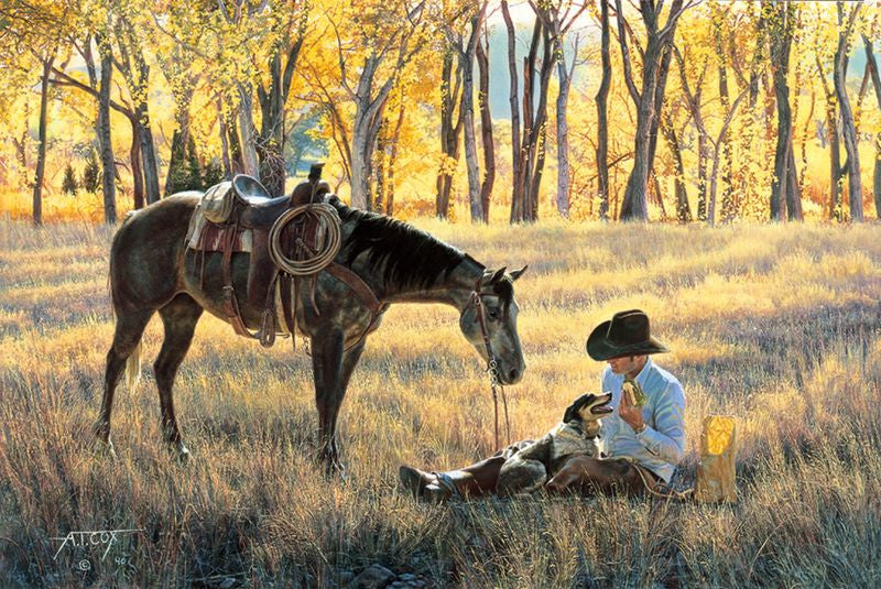 Cowboy lunch break western art shows cowboy, horse and dog taking a break on the autumn colored prairie - art by Tim Cox - Your Western Decor