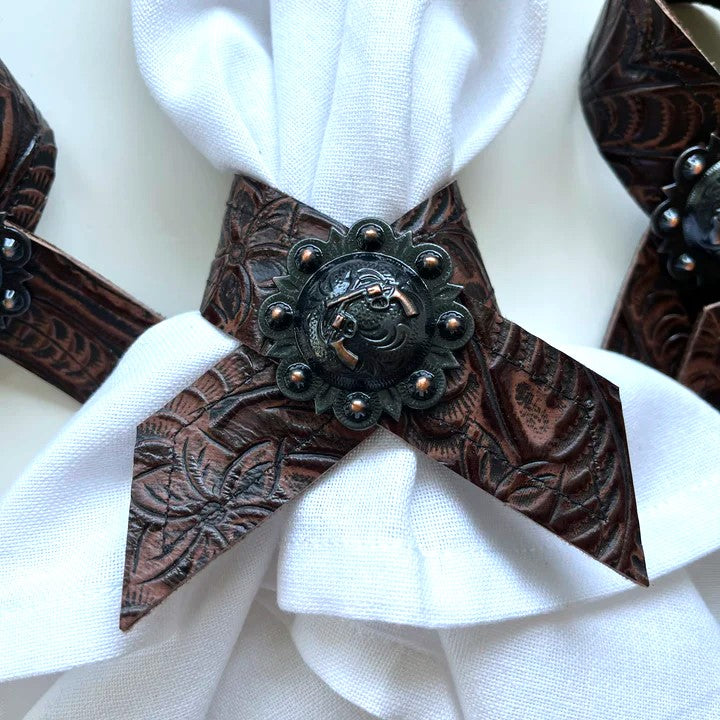 Cowboy Tool Leather Napkin Rings with guns concho - handmade in Oregon by Your Western Decor