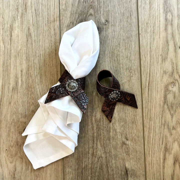 Cowboy Tool Leather Napkin Rings with Longhorn concho - handmade in Oregon by Your Western Decor