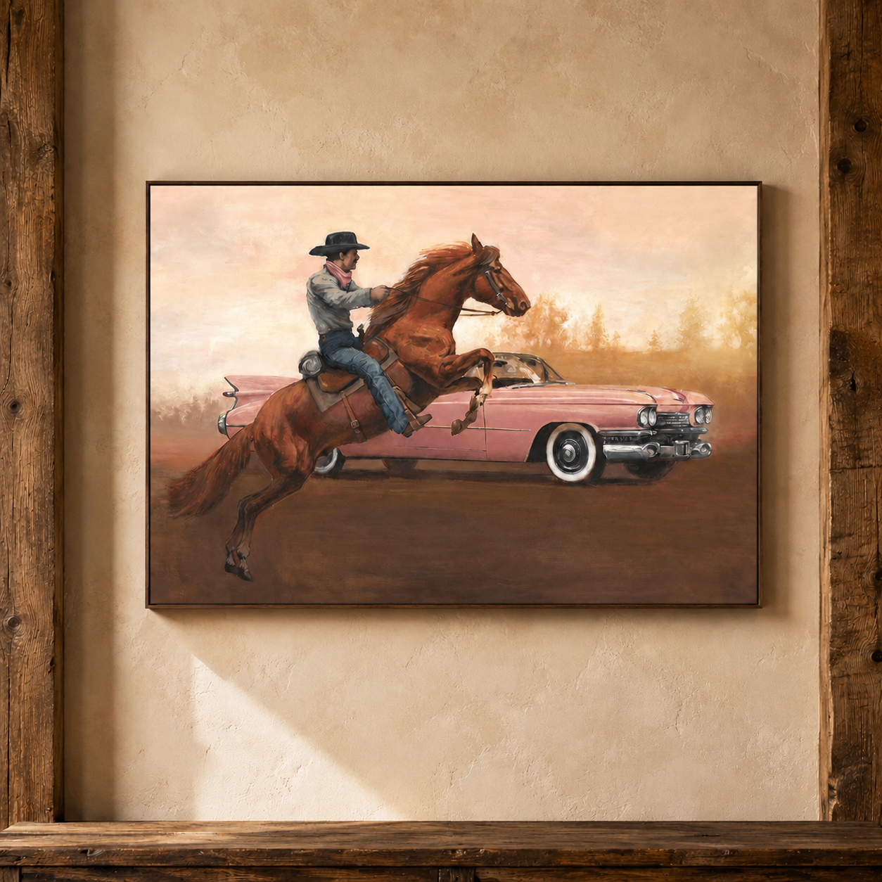 Cowboy riding rearing horse next to pink classic car 
