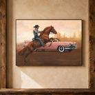 Cowboy riding rearing horse next to pink classic car 