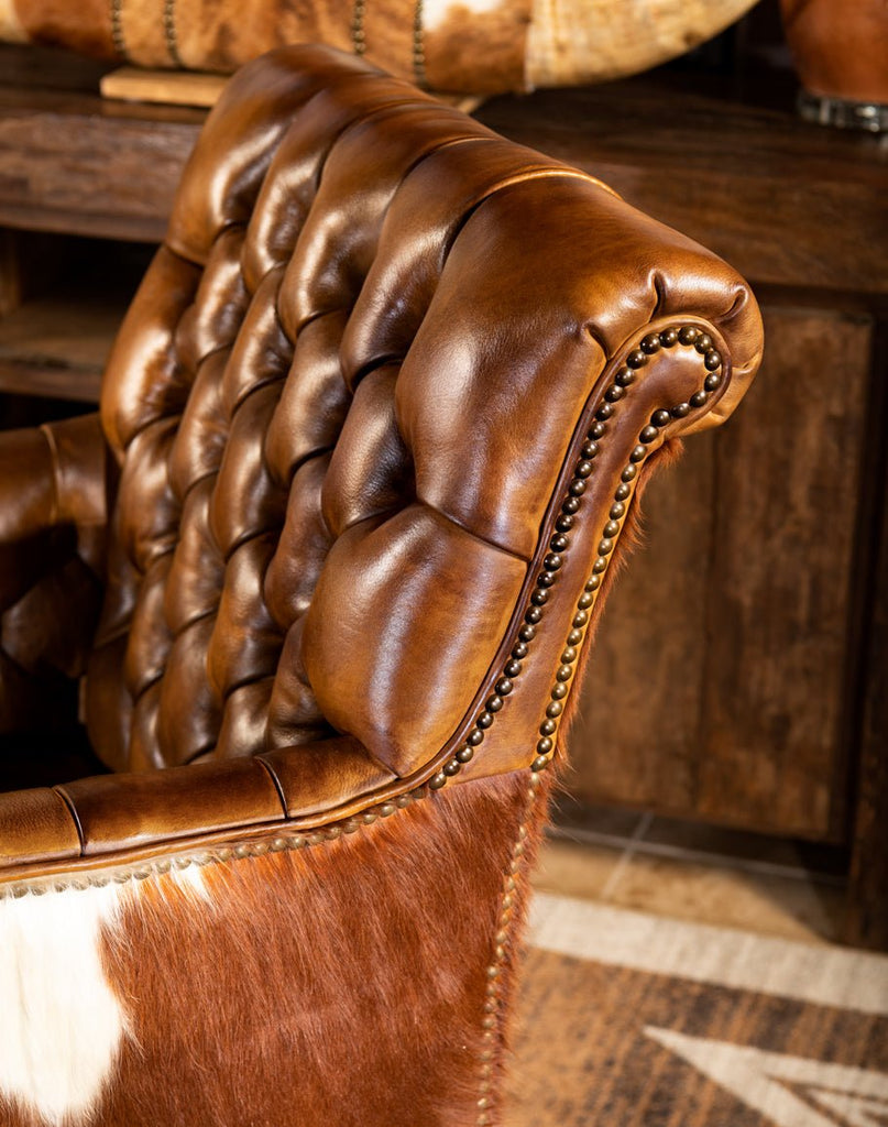 Cowhide & Leather Tufted Chair Detail - American made home furnishings - Your Western Decor