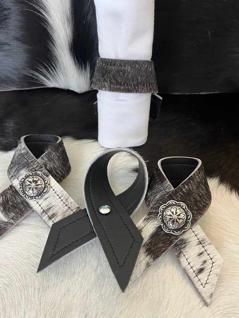 2-pc set Black White Cowhide & Concho Napkin Rings handmade at Your Western Decor