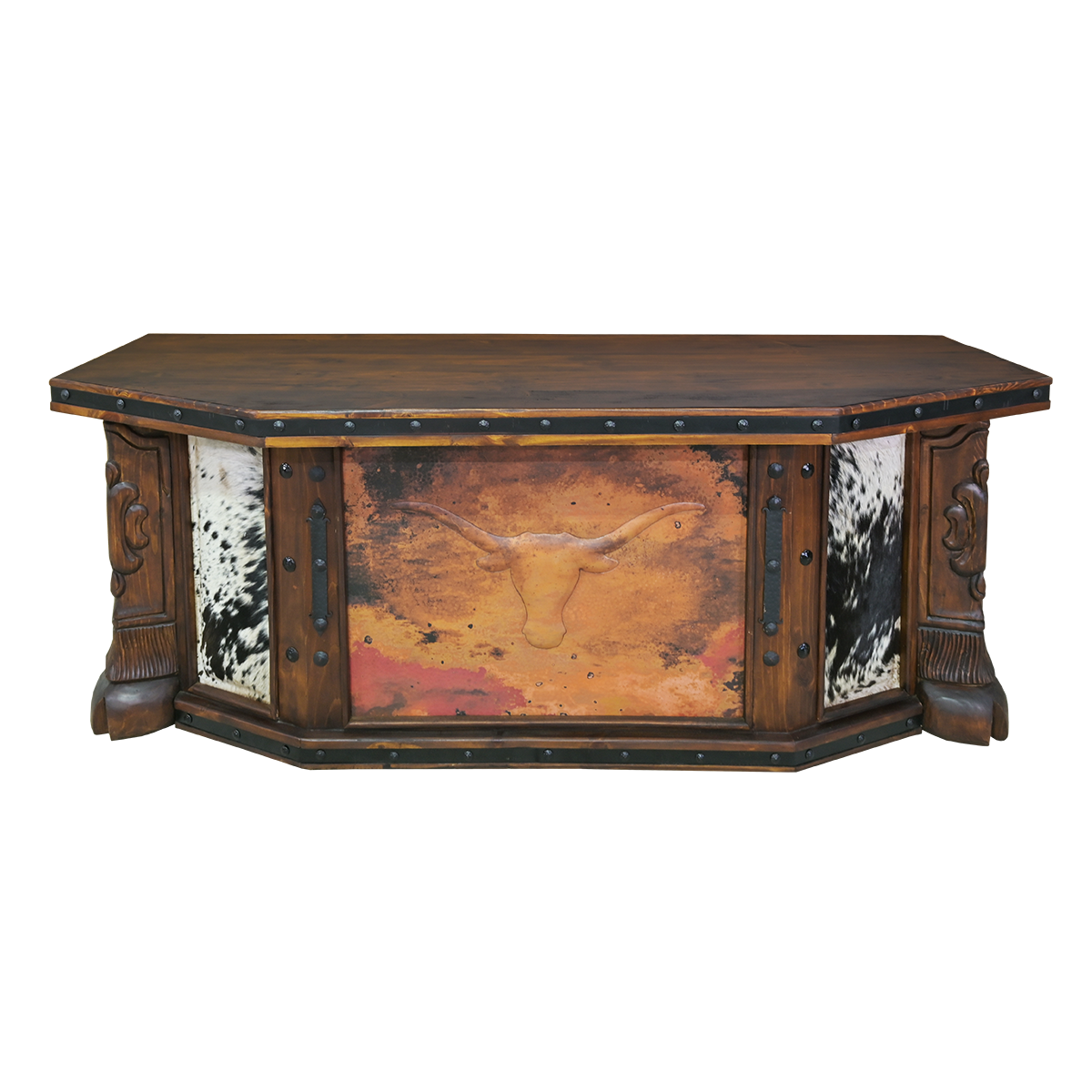 Longhorn copper panel and cowhide western desk - Your Western Decor