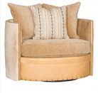 Luxury modern western swivel chair with ivory cowhide, beige leather, and chenille fabric with 3 pillows 