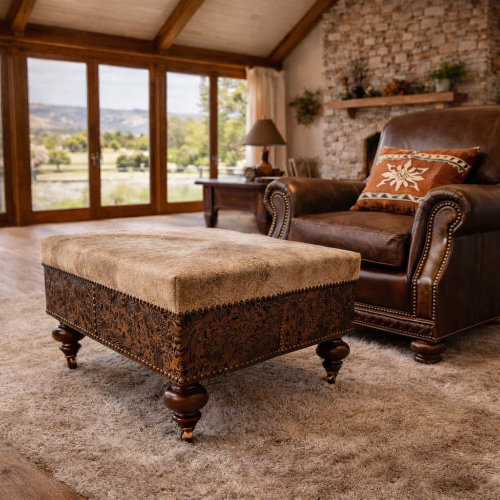 Custom cowhide and embossed leather ottoman with nailhead trim and turned wood legs on casters, styled in a bright Western living room with high beam ceilings, large windows, stone fireplace, and coordinating oversized leather armchair.