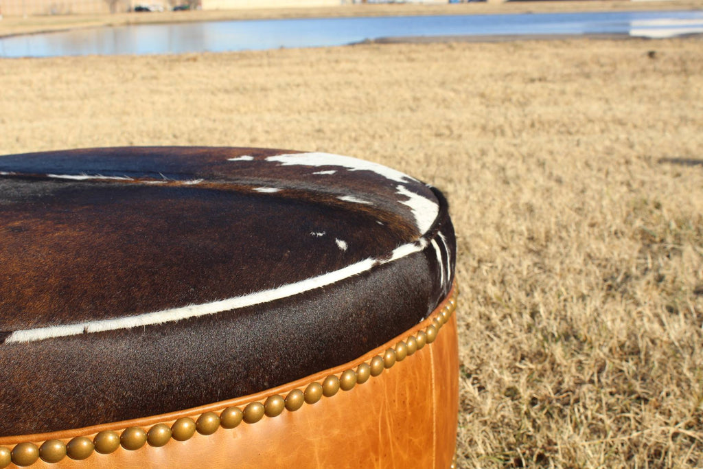 American and handmade cowhide and leather round ottoman with fringe - Your Western Decor