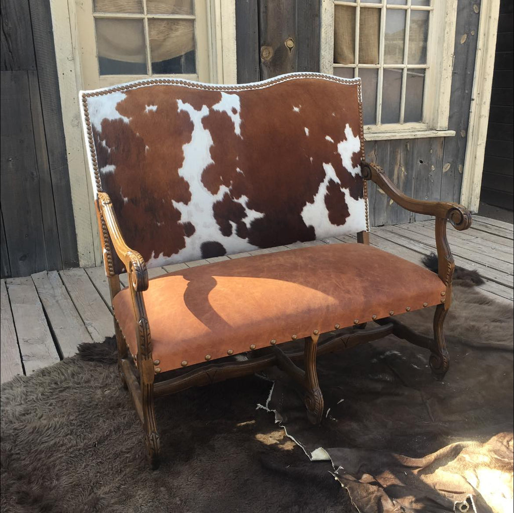 Smooth brown leather and brown and white cowhide Regency settee made in the USA - Your Western Decor