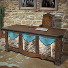 Carved western desk with cowhide and leather upholstery handmade in Mexico - Your Western Decor