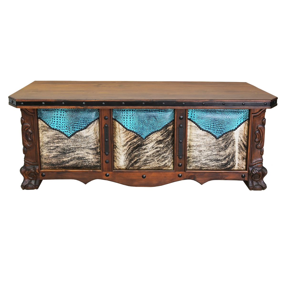 Carved western desk with cowhide and leather upholstery handmade in Mexico - Your Western Decor