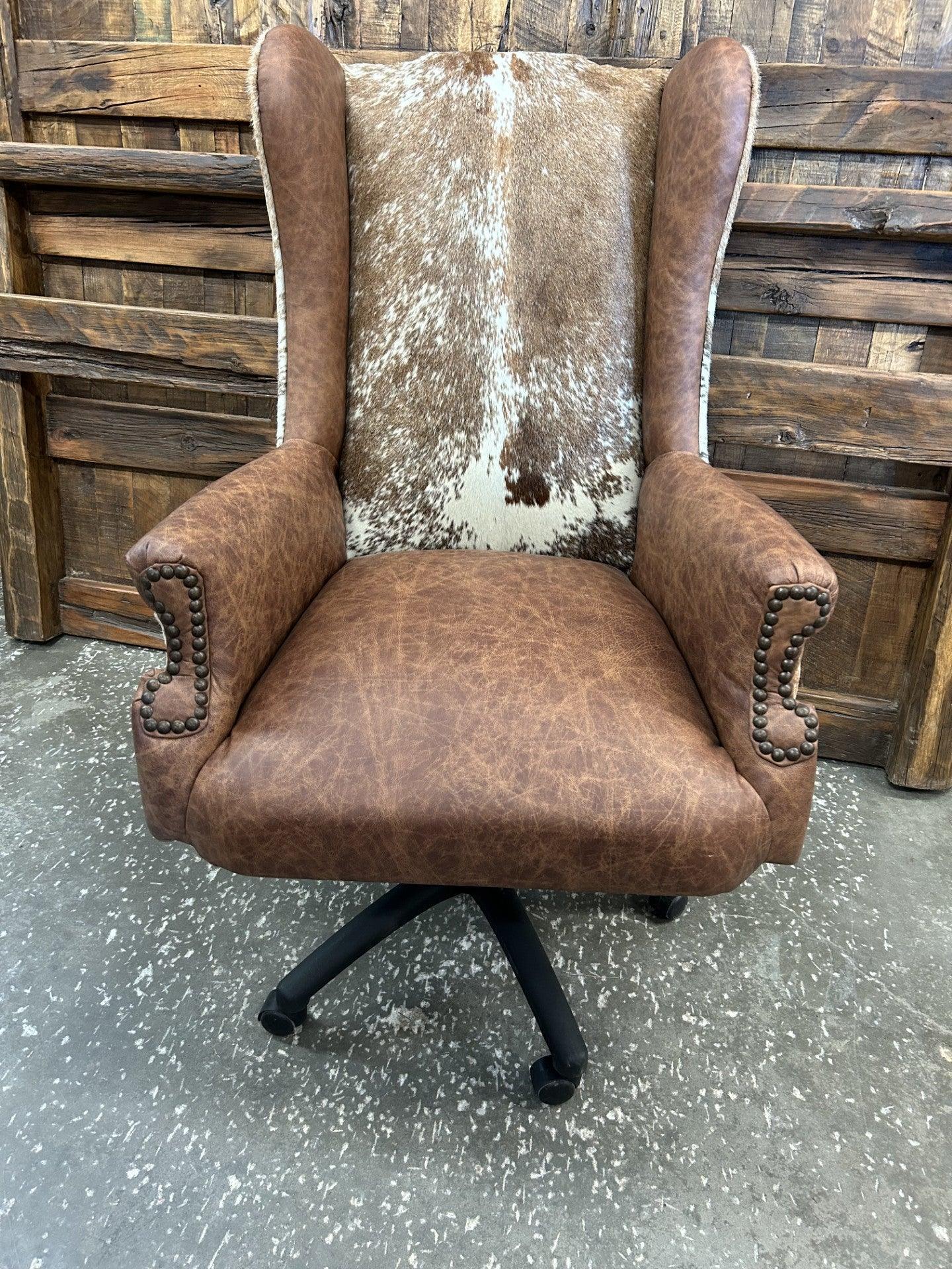 Custom Wingback Western Desk Chair in distressed brown leather and peppered brown & white cowhide made in the USA
