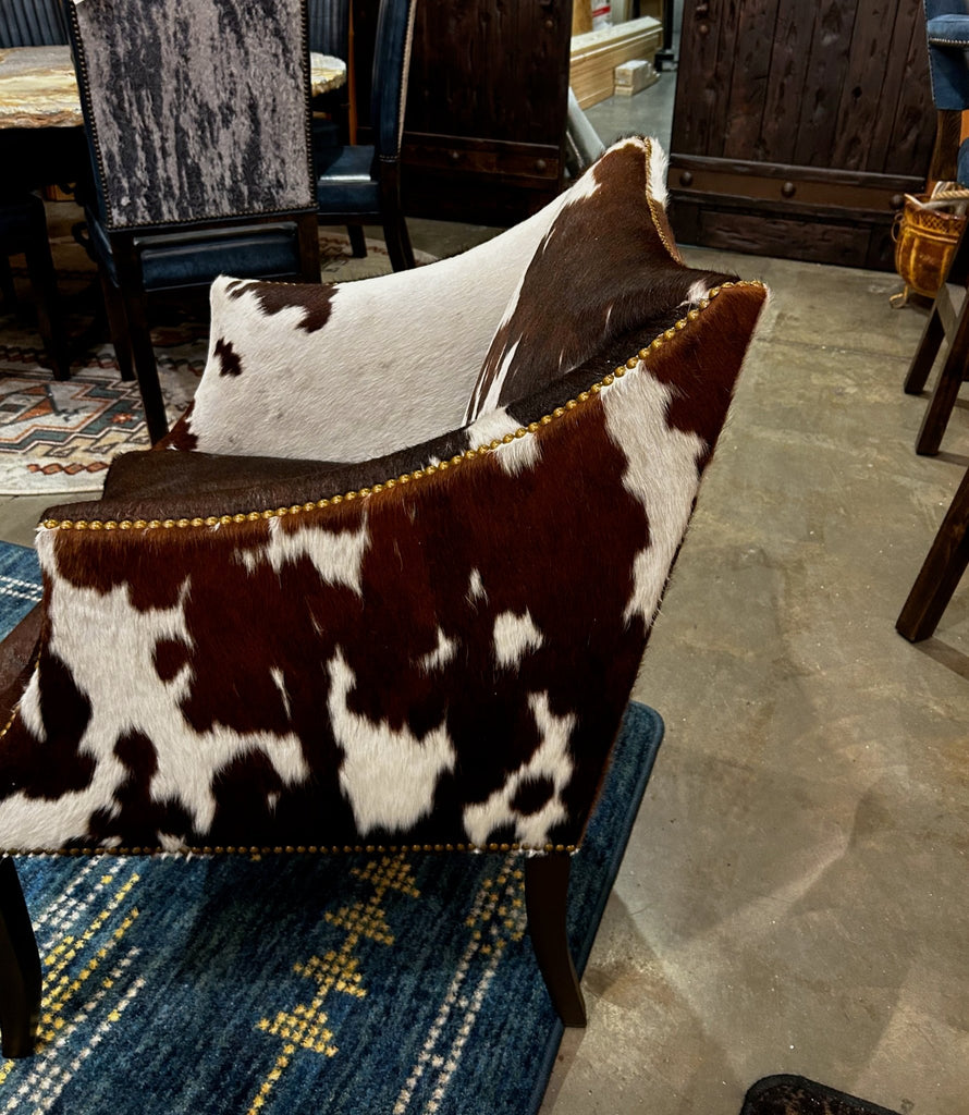 American made brown and white cowhide upholstered accent chair - Your Western Decor