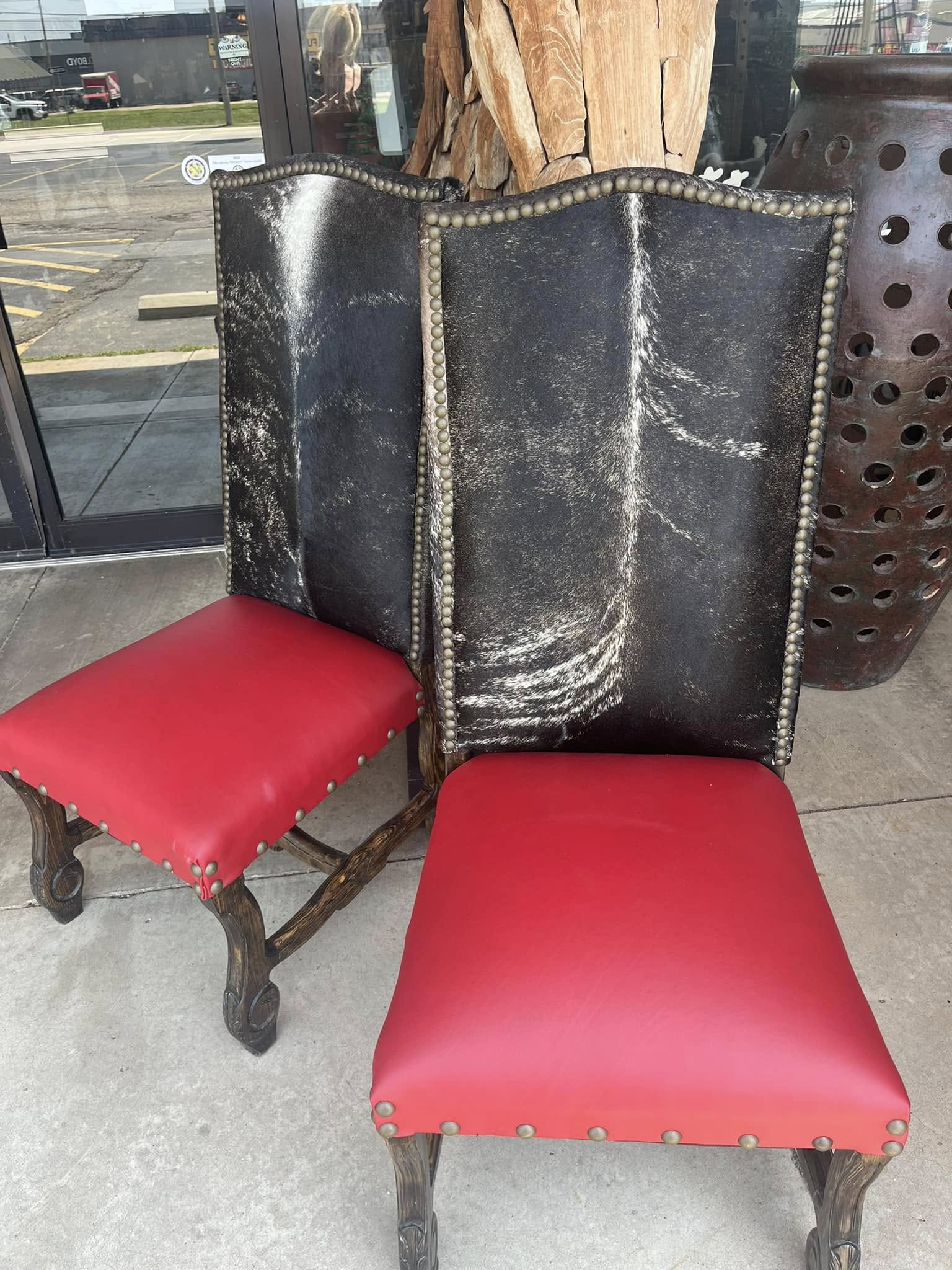 Black grey cowhide and red leather seat western luxury dining chairs 