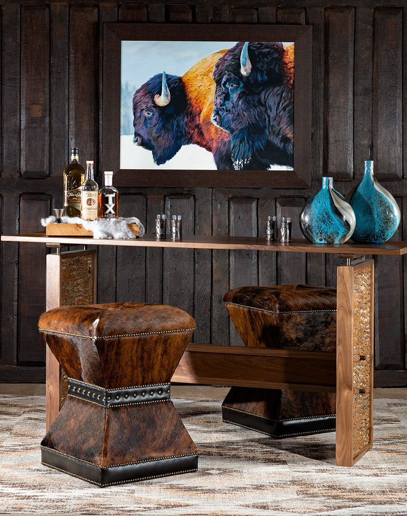 Winter Bison Framed Art and Cowhide Counter Stools - USA Made Art - Your Western Decor