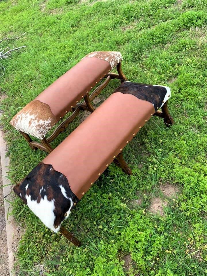 Custom made cowhide and leather benches with hand carved frames made in the USA - Your Western Decor