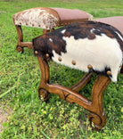 Custom made cowhide and leather benches with hand carved frames made in the USA - Your Western Decor