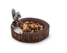 Decorative bowl with a wooden texture and metal squirrel figures on a white background - Your Western Decor