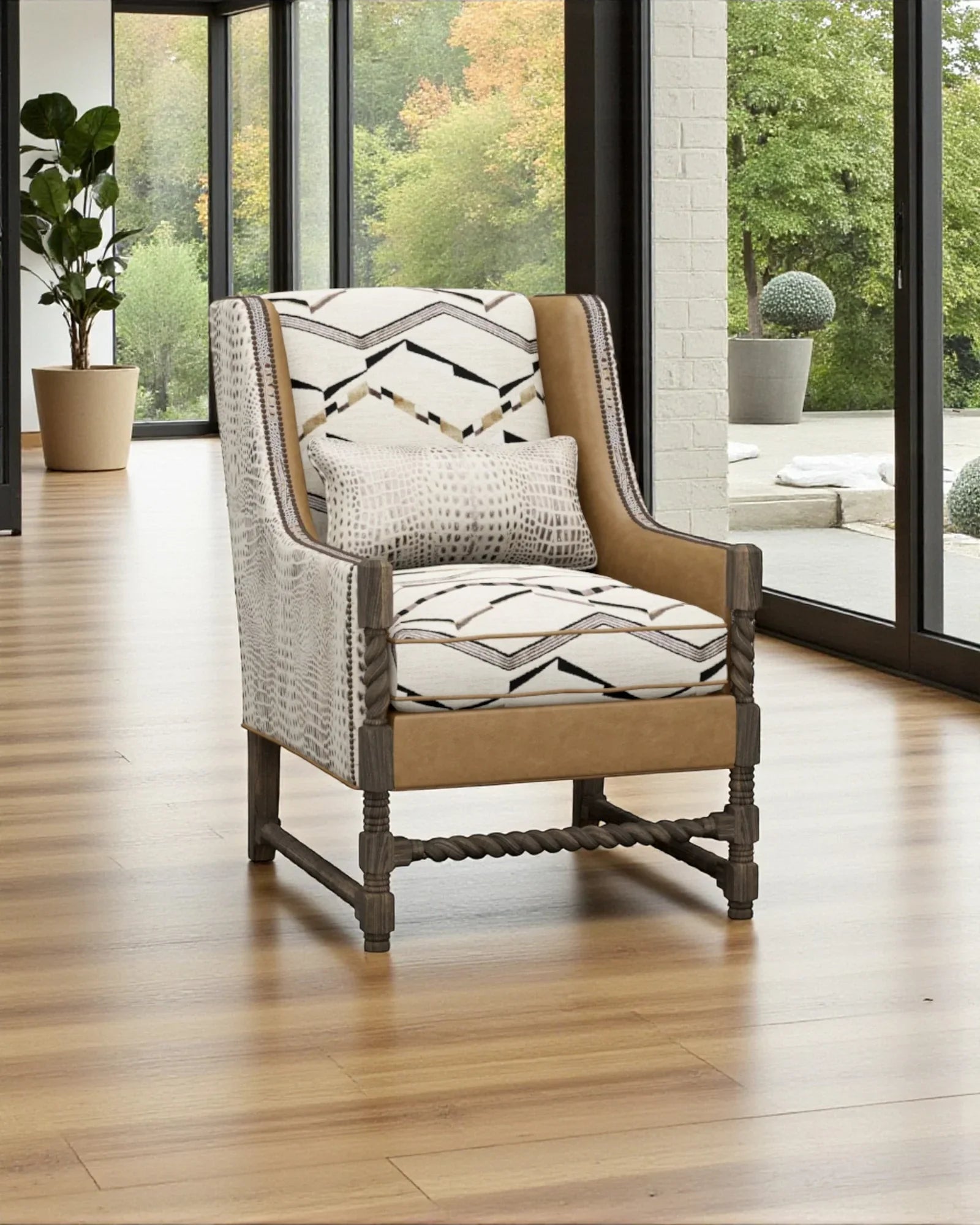Decorative armchair with patterned cushions in a room with large windows and plants - Your Western Decor