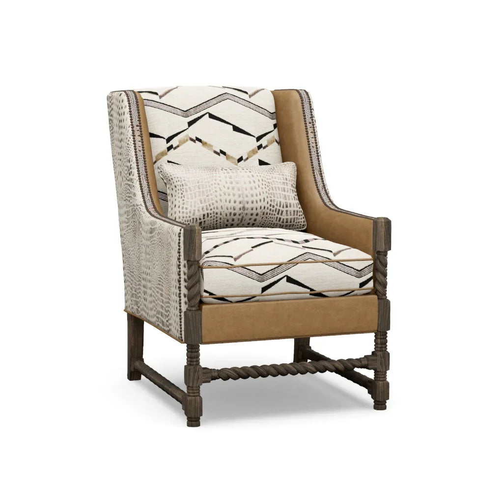 Decorative armchair with patterned cushion on a white background