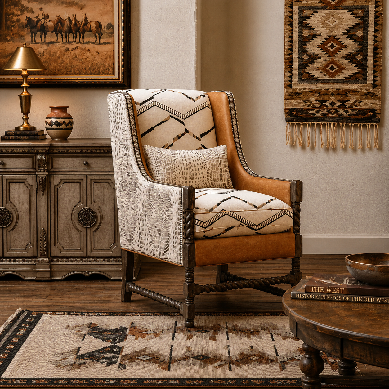 Custom accent chair with grey croc embossed sides and back, fabric interior, brown leather inside and on front seat rail, twisted frame style in medium/dark chocolate finish. Included croc embossed leather accent pillow 