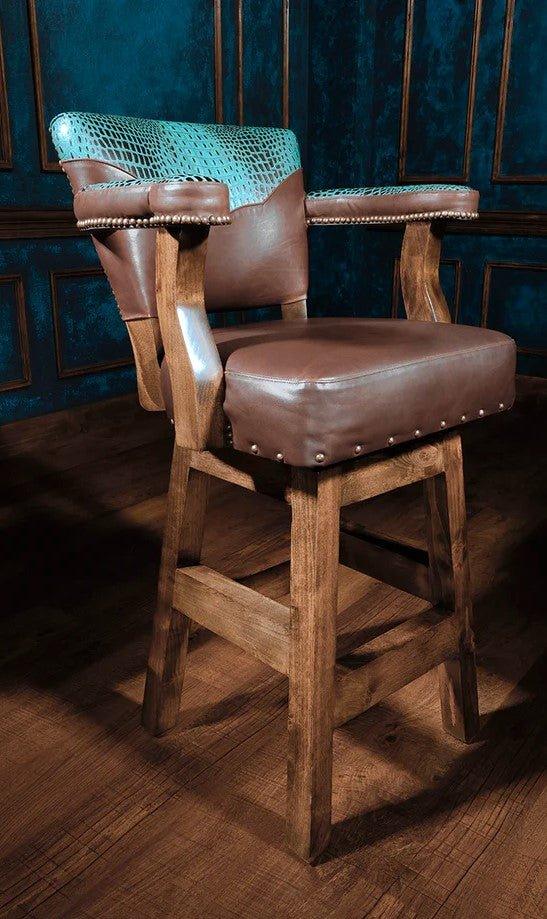 Brown leather bar stool with turquoise gold embossed croc leather yoke and arms - Your Western Decor