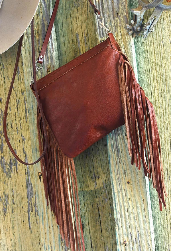 Acorn Arapaho Painted Horizon deerskin leather handbag with hand-painted motif, long fringe and crossbody strap back side view