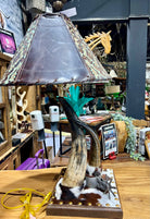 Steer horn western table lamp with custom made leather lamp shade 