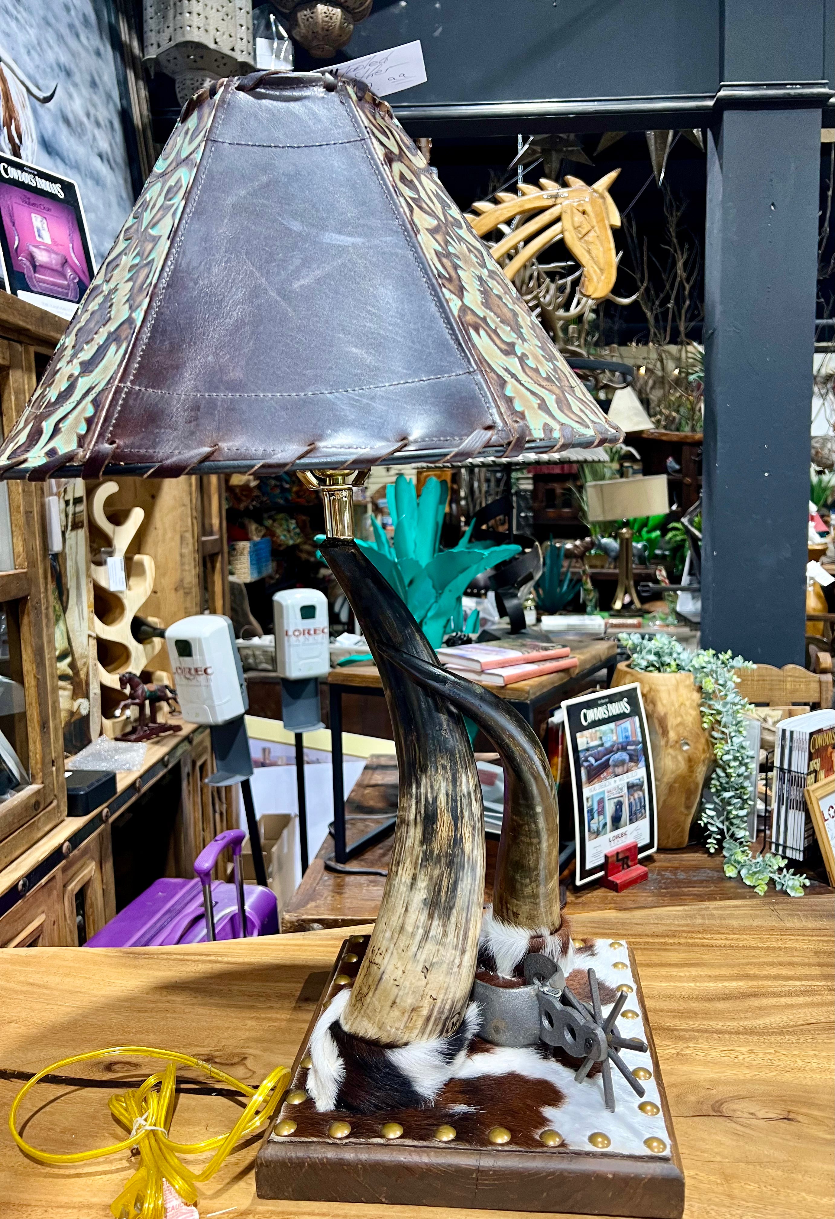 Steer horn western table lamp with custom made leather lamp shade 